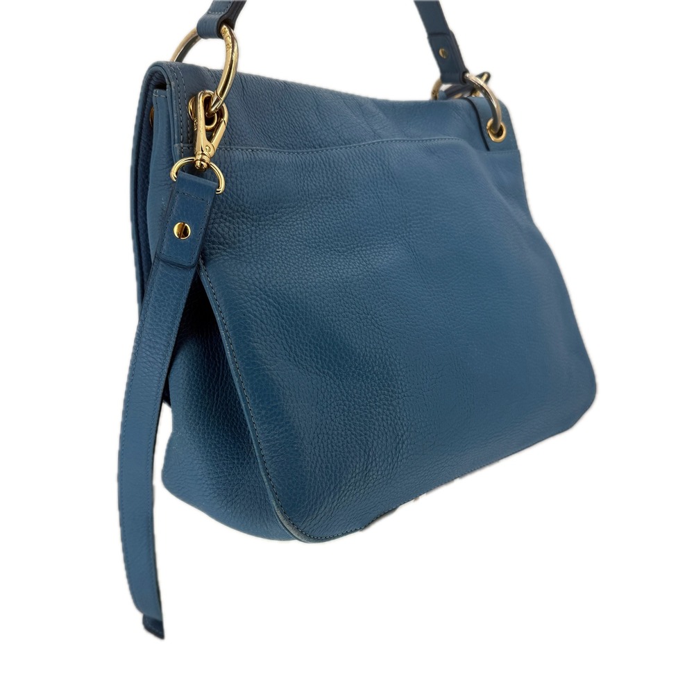 MCM Blue Pebbled Leather Studded Flap Crossbody Messenger Hobo Bag Gold Hardware - Picture 3 of 16